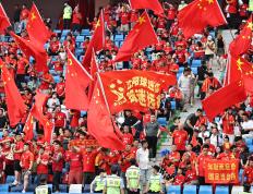 观众席上国旗飘扬，球迷热情洋溢